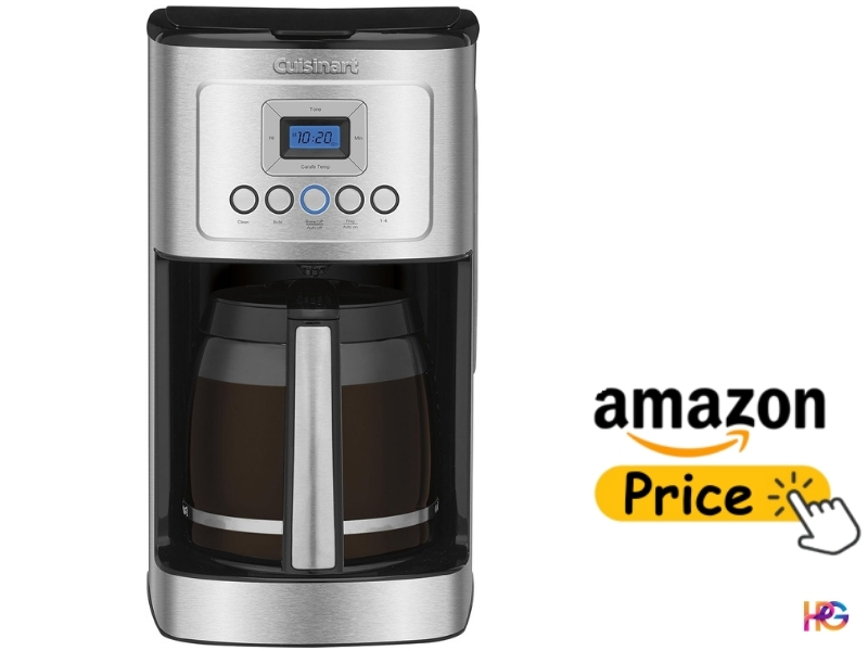 Cuisinart DCC-3200P1 stainless steel drip coffee maker with glass carafe and Amazon price button.
