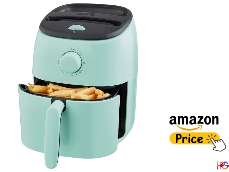 Dash Tasti-Crisp 2.6 Qt air fryer in aqua color with a basket of crispy French fries.