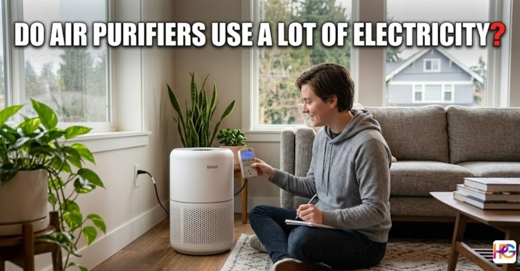A person sitting on a living room floor using a digital wall meter to test the power draw of a white cylindrical air purifier.