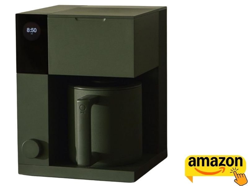 Fellow Aiden Precision Coffee Maker in matte dark green with a digital display screen, dial control, and matching thermal carafe.