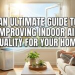 A bright, sunlit living room filled with green plants and an open window. A woman sits on a sofa meditating next to an air purifier and a digital air monitor. Large Impact font text in the center reads: "AN ULTIMATE GUIDE TO IMPROVING INDOOR AIR QUALITY FOR YOUR HOME."