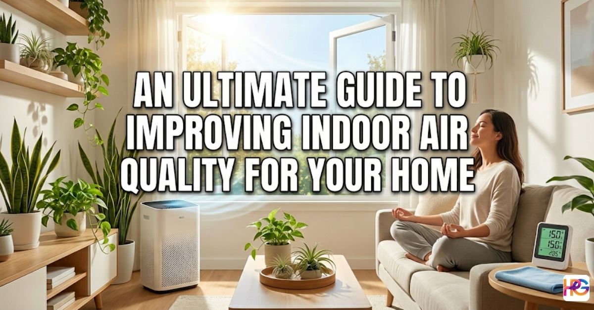 A bright, sunlit living room filled with green plants and an open window. A woman sits on a sofa meditating next to an air purifier and a digital air monitor. Large Impact font text in the center reads: "AN ULTIMATE GUIDE TO IMPROVING INDOOR AIR QUALITY FOR YOUR HOME."