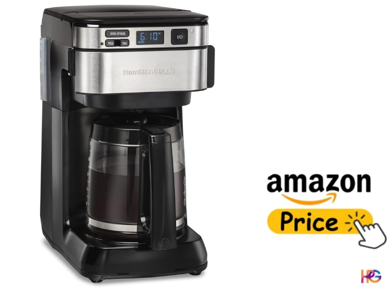 Hamilton Beach 46205 programmable drip coffee maker with front-fill design and Amazon price button.