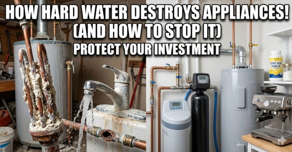 A split-screen image comparing hard water damage to clean solutions. The left side shows a water heater element covered in thick white limescale and a corroded pipe. The right side shows a modern water softener system and a clean espresso machine. Bold white text in Impact font reads: "HOW HARD WATER DESTROYS APPLIANCES! (AND HOW TO STOP IT) PROTECT YOUR INVESTMENT."