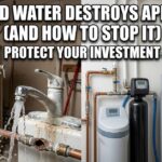 A split-screen image comparing hard water damage to clean solutions. The left side shows a water heater element covered in thick white limescale and a corroded pipe. The right side shows a modern water softener system and a clean espresso machine. Bold white text in Impact font reads: "HOW HARD WATER DESTROYS APPLIANCES! (AND HOW TO STOP IT) PROTECT YOUR INVESTMENT."