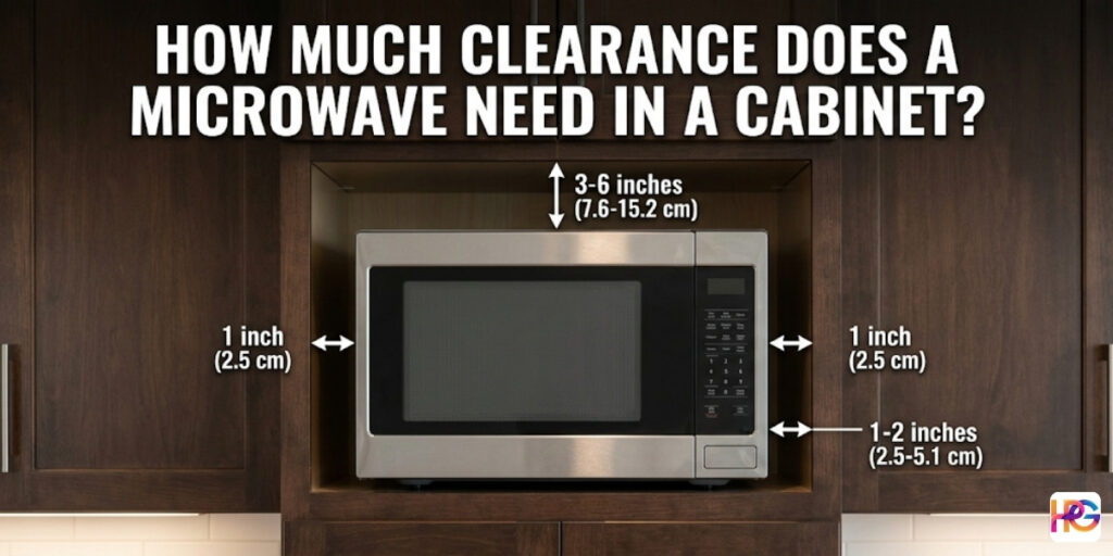 An infographic showing a stainless steel microwave inside a dark wood cabinet with arrows and text in Impact font specifying clearance needs: 3-6 inches on top, 1 inch on the sides, and 1-2 inches at the back.