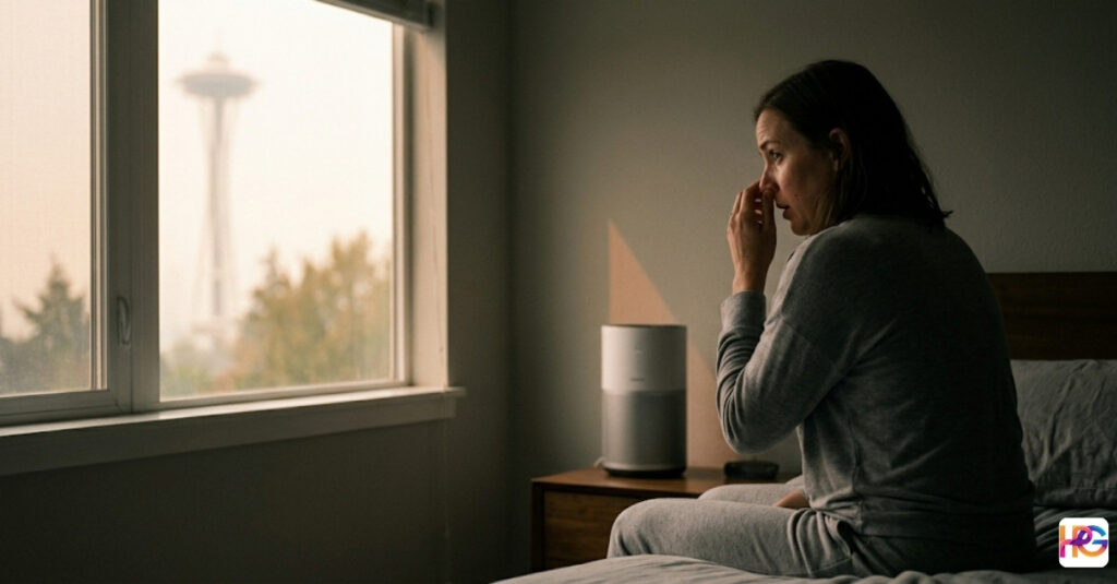 A woman sitting on a made bed in a dimly lit room touches her nose with her hand while looking out a large window at a heavily obscured and hazy view of the Seattle Space Needle and surrounding landscape.