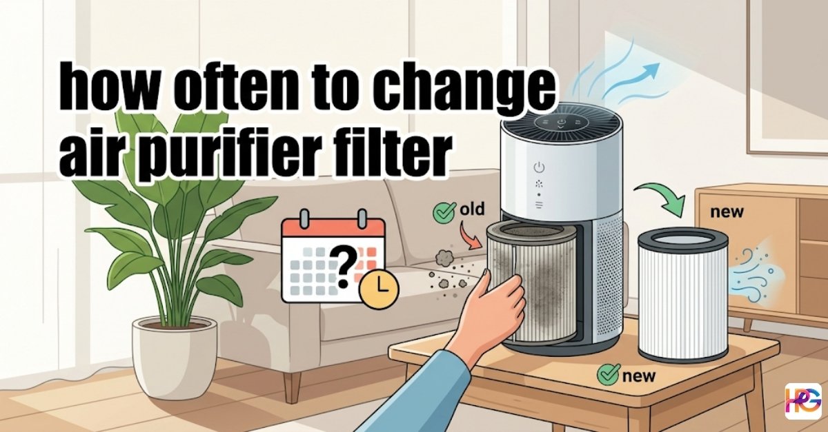An illustration of a modern air purifier on a table, showing a hand swapping a dirty, grey filter for a clean white one, with a calendar icon and the text "how often to change air purifier filter".