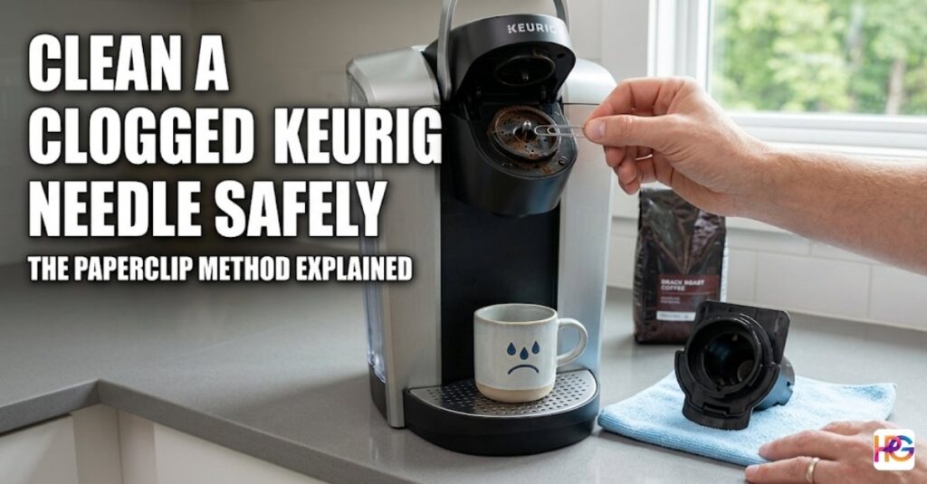 A hand uses a metal paperclip to clean a clogged Keurig needle.