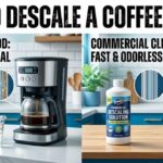 A split-panel comparison infographic about how to descale a coffee maker. The left side, labeled 'VINEGAR METHOD: CHEAP & NATURAL', shows a bottle of white vinegar, a measuring cup, and a coffee maker brewing into a pot, with an inset diagram illustrating dirty, scaled internal tubes. The right side, labeled 'COMMERCIAL CLEANER: FAST & ODORLESS', shows a bottle of commercial descaling solution and a coffee maker brewing into a mug, with an inset diagram illustrating clean, descaled internal tubes. Both are set in a modern kitchen.