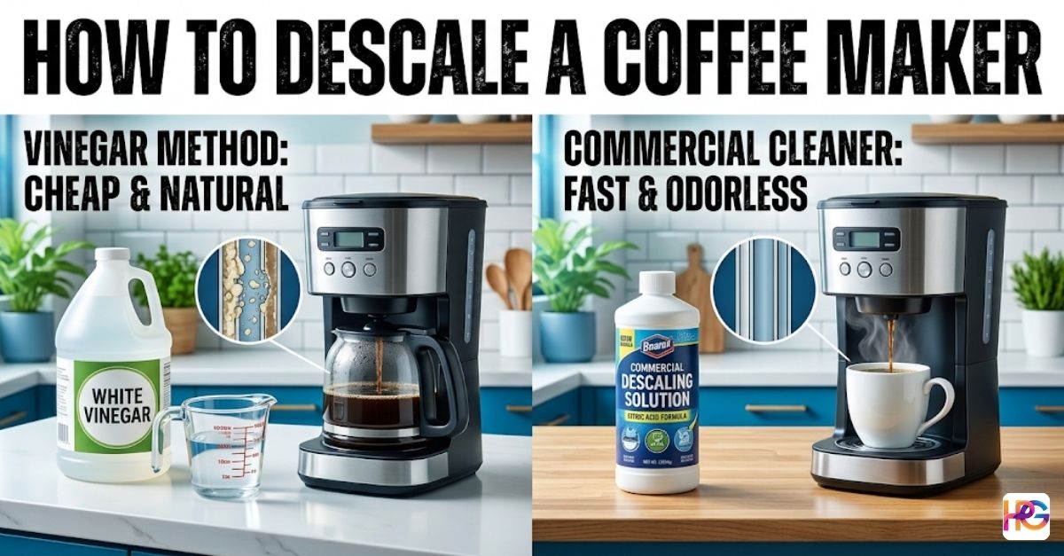 A split-panel comparison infographic about how to descale a coffee maker. The left side, labeled 'VINEGAR METHOD: CHEAP & NATURAL', shows a bottle of white vinegar, a measuring cup, and a coffee maker brewing into a pot, with an inset diagram illustrating dirty, scaled internal tubes. The right side, labeled 'COMMERCIAL CLEANER: FAST & ODORLESS', shows a bottle of commercial descaling solution and a coffee maker brewing into a mug, with an inset diagram illustrating clean, descaled internal tubes. Both are set in a modern kitchen.