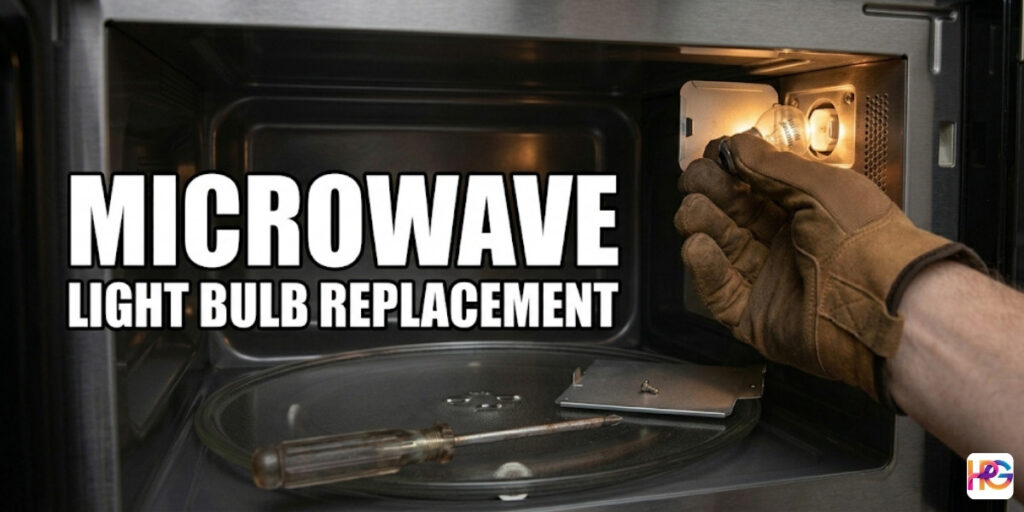 A person wearing a brown work glove replaces a small light bulb inside a microwave oven with a screwdriver resting on the glass turntable.