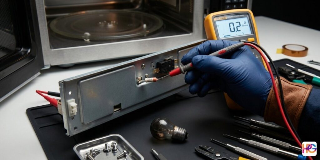 A close-up of a gloved hand with a brown leather cuff using a yellow Fluke digital multimeter to test a white resistor component on an exposed microwave oven chassis. The meter shows a reading of 0.2 Ohms. An incandescent bulb labeled "120V 20W" and precision screwdrivers are nearby on a work mat.