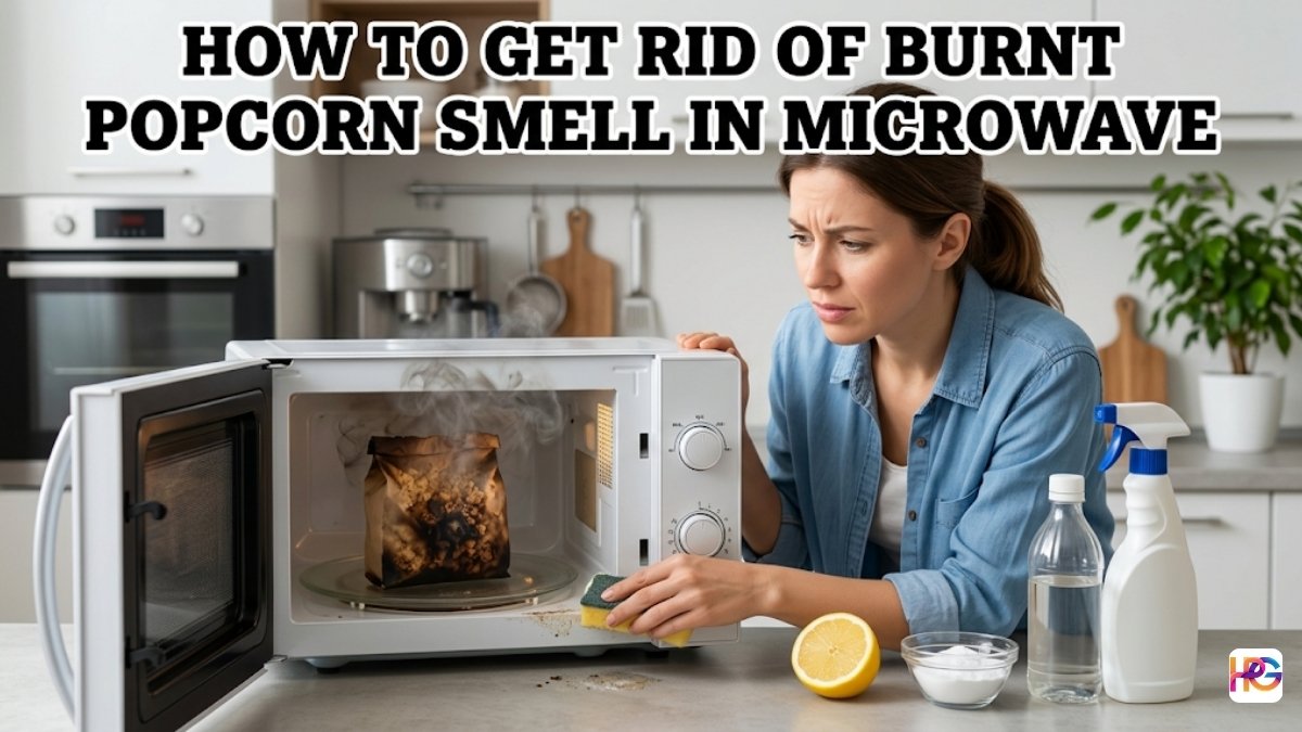 A woman in a bright kitchen looks at a smoking microwave with a burnt popcorn bag inside, with bold text "HOW TO GET RID OF BURNT POPCORN SMELL IN MICROWAVE" at the top and natural cleaning supplies like lemon and vinegar in the foreground.