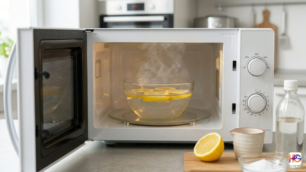 A white open microwave sits on a kitchen counter containing a glass bowl of steaming water and lemon slices on the turntable, with a bottle of vinegar, a bowl of baking soda, and a half-lemon placed nearby on the counter.