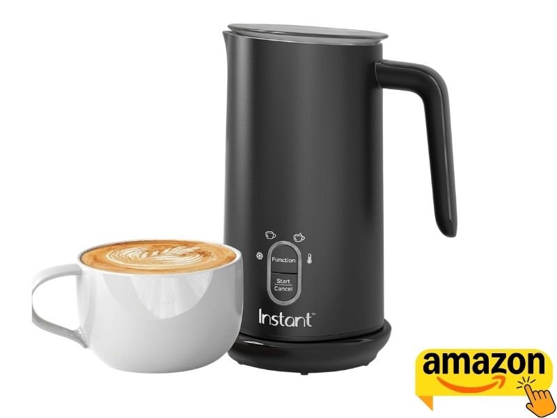 Instant 4-in-1 electric milk frother with cup of latte