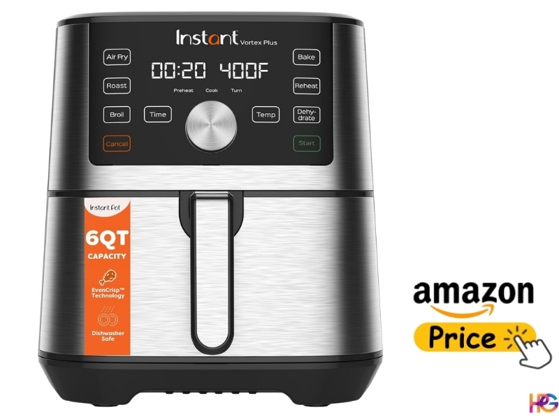 Instant Vortex Plus 6-quart air fryer with digital display and stainless steel finish, Amazon price label on the side
