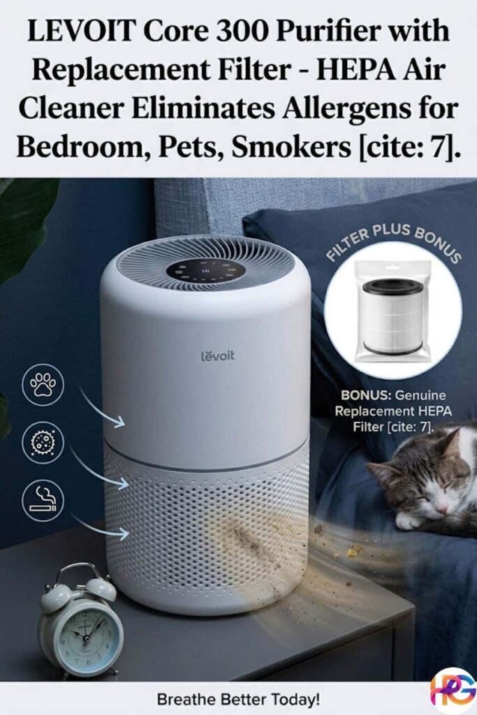 An infographic Pinterest pin featuring a Levoit Core 300 air purifier on a nightstand next to a sleeping cat and an alarm clock. Text details features including allergen elimination and a bonus replacement filter.