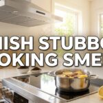 A modern kitchen stove with a simmering pot of lemons and cinnamon sticks under a stainless steel range hood. Bold white text reads: BANISH STUBBORN COOKING SMELLS.