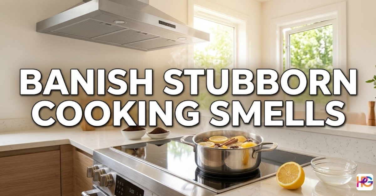 A modern kitchen stove with a simmering pot of lemons and cinnamon sticks under a stainless steel range hood. Bold white text reads: BANISH STUBBORN COOKING SMELLS.