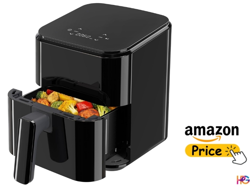 Black NEWBULIG Compact 3 Qt air fryer featuring a top-mounted digital display and a basket of roasted vegetables.