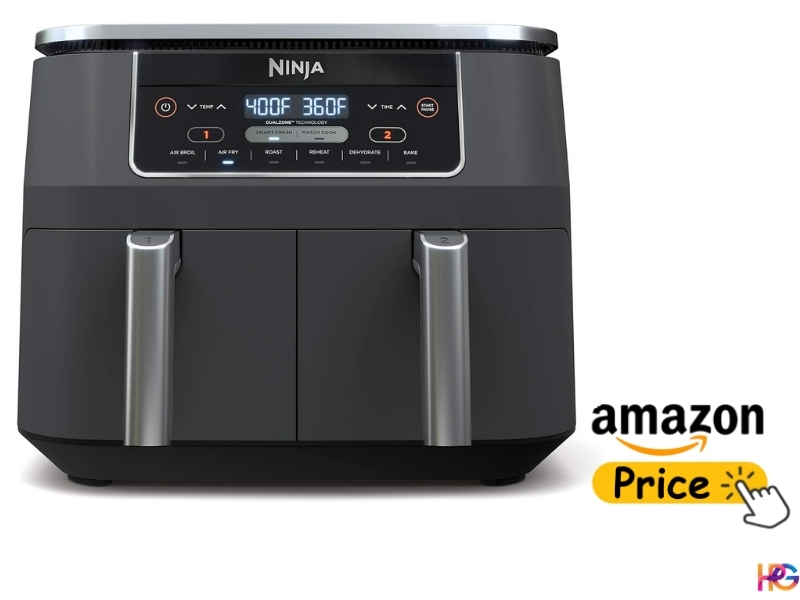 Ninja dual-basket air fryer with digital control panel and two drawers on a white background, Amazon price label visible