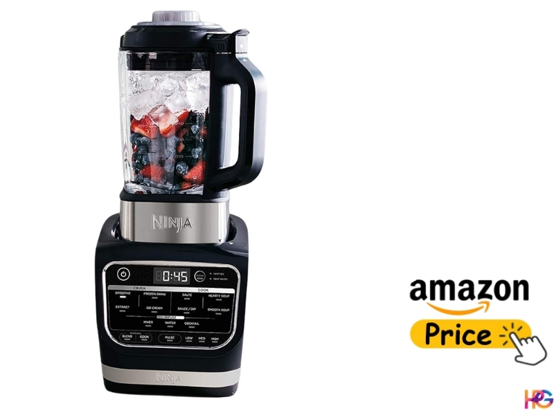 Ninja Foodi Cold & Hot Blender with a digital control panel and glass pitcher on a white background.
