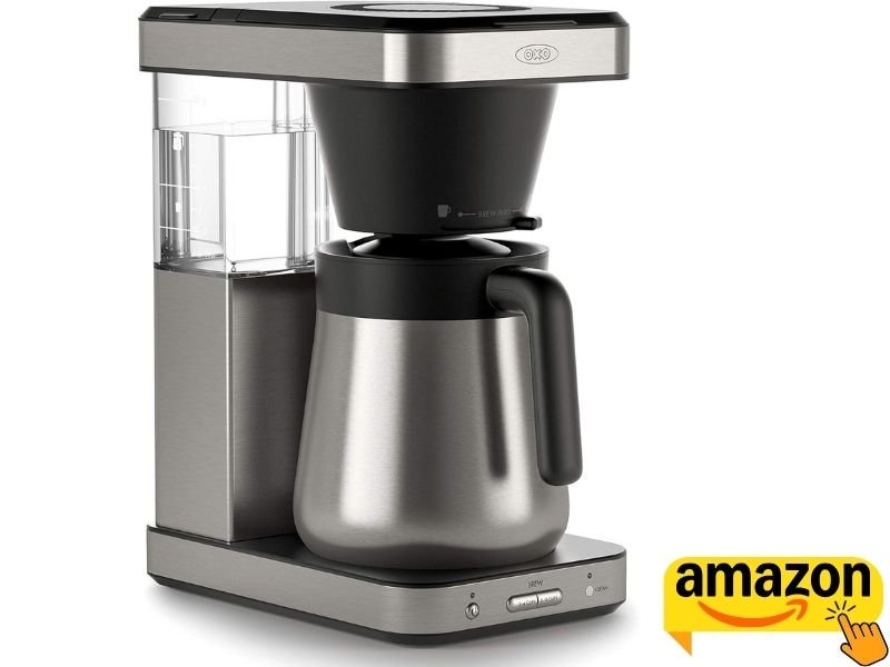 OXO Brew 8-Cup Coffee Maker in stainless steel and matte black with a clear water tank and double-wall thermal carafe.