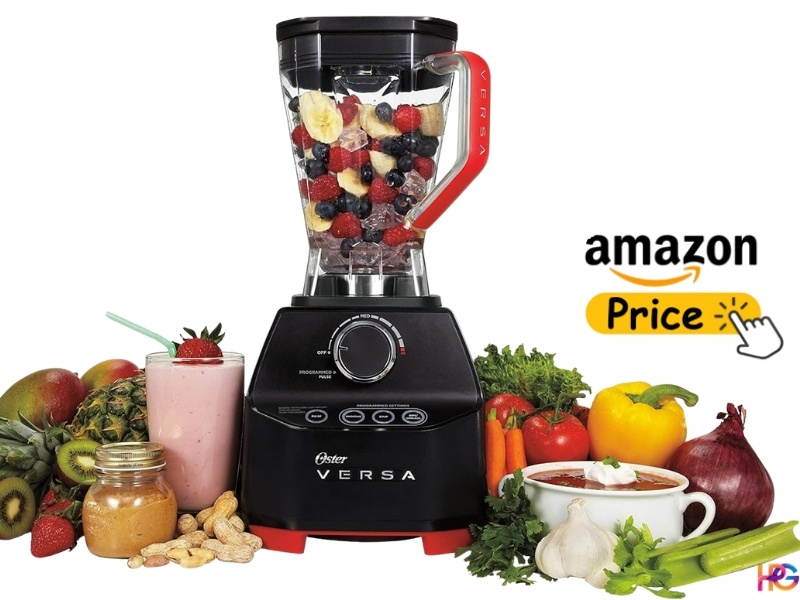 Oster Versa Pro Series blender with a red handle surrounded by fresh fruit, vegetables, and a bowl of soup.