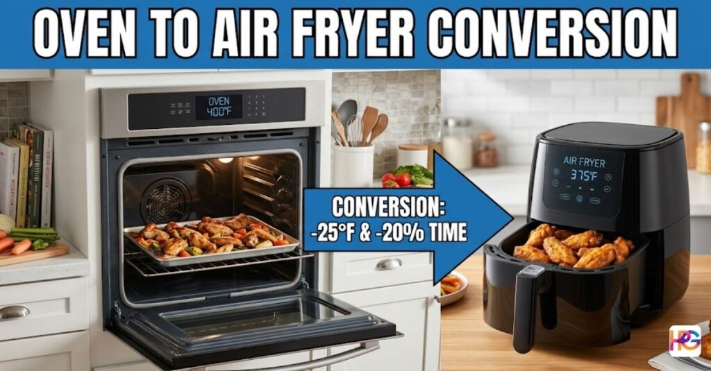 Infographic showing an oven to air fryer conversion by dropping temperature by 25°F and time by 20% for perfectly crispy results.