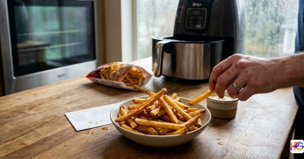 A man reaches for an air-fried french fry from a large bowl on a wooden kitchen counter, with a black Ninja air fryer and a dark traditional oven in the background.
