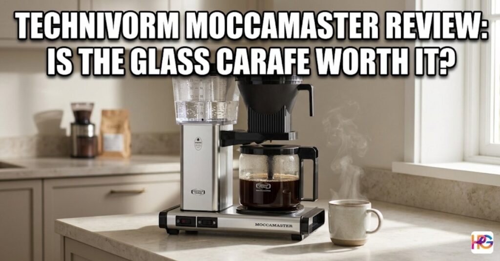 A silver coffee machine sits on a white counter. It has a glass pot with dark coffee inside. Large white text asks if the glass carafe is worth it.
