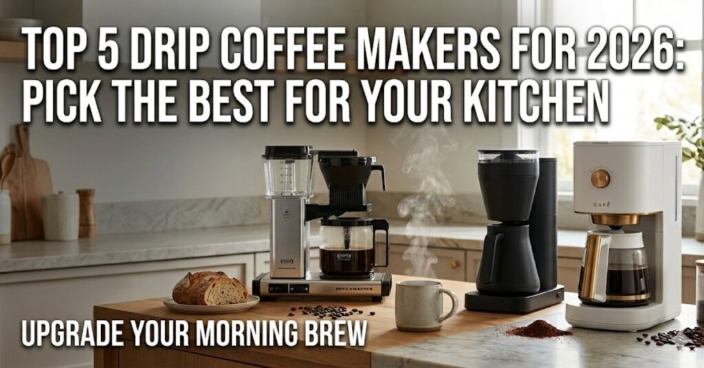A wide 1200x627 image of a modern kitchen counter featuring top-tier drip coffee makers for 2026, including a silver Moccamaster, a matte black Fellow Aiden, and a white Café Specialty brewer. The image includes a steaming mug of coffee and fresh sourdough bread. Large white Impact font text reads: "TOP 5 DRIP COFFEE MAKERS FOR 2026: PICK THE BEST FOR YOUR KITCHEN" and "UPGRADE YOUR MORNING BREW."