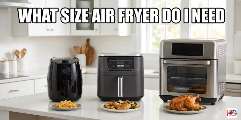 A comparison of three different-sized air fryers lined up on a white kitchen island. From left to right: a small, compact, round black air fryer with a knob is paired with a plate of french fries; a medium, square dark grey digital air fryer is paired with a plate of chicken and vegetables; a large, stainless steel and glass air fryer oven with multiple racks is paired with a whole roasted chicken platter. Bold white text across the top with a black outline reads "WHAT SIZE AIR FRYER DO I NEED". The background shows a modern, bright kitchen.
