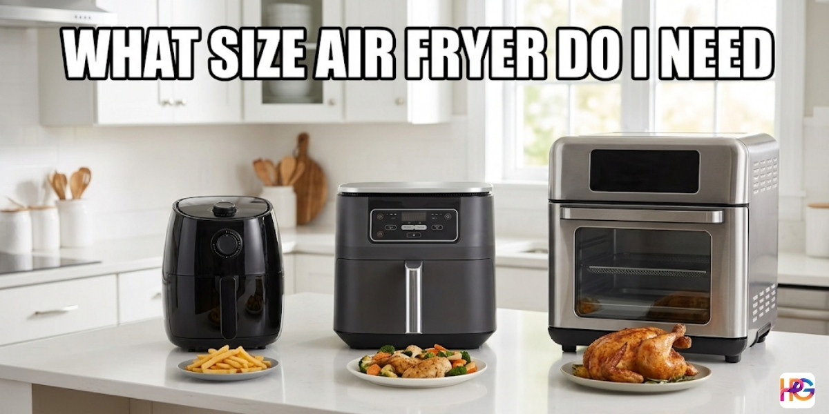 A comparison of three different-sized air fryers lined up on a white kitchen island. From left to right: a small, compact, round black air fryer with a knob is paired with a plate of french fries; a medium, square dark grey digital air fryer is paired with a plate of chicken and vegetables; a large, stainless steel and glass air fryer oven with multiple racks is paired with a whole roasted chicken platter. Bold white text across the top with a black outline reads "WHAT SIZE AIR FRYER DO I NEED". The background shows a modern, bright kitchen.