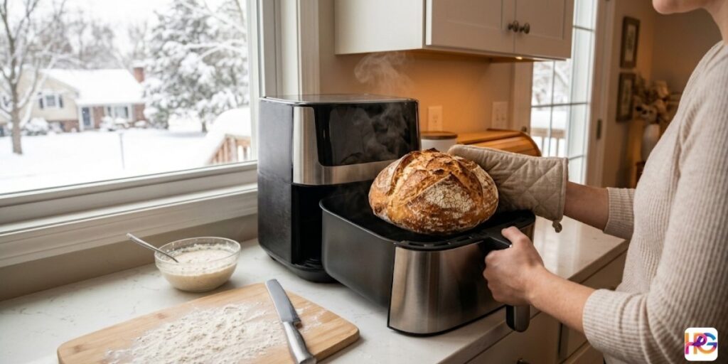 A person wearing tan oven mitts pulls a dark grey and stainless steel air fryer drawer out of the main unit. Inside the drawer is a perfectly baked, crusty boule of sourdough bread. Warm steam rises from the open basket and the unit. In the foreground on a white counter are a flour-dusted wooden cutting board, a bread knife, and a bowl of active sourdough starter with a spoon. A large window next to the counter shows a view of deep snow covering trees and houses outside.