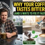 An infographic titled "Why Your Coffee Tastes Bitter" showing brewing problems on the left and simple fixes like clean gear and fresh beans on the right.