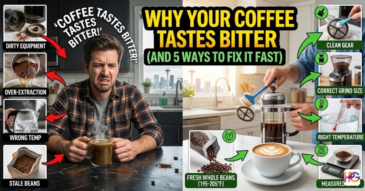 An infographic titled "Why Your Coffee Tastes Bitter" showing brewing problems on the left and simple fixes like clean gear and fresh beans on the right.