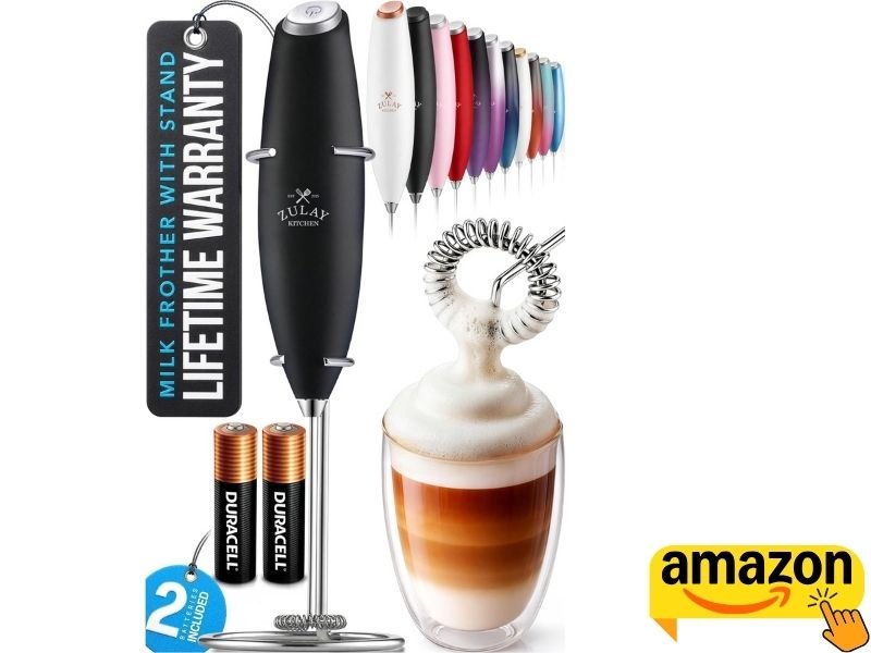 Zulay Kitchen handheld milk frother with whisk and coffee cup