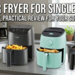 Four of the best air fryer for single person models including Ninja and Cosori on a kitchen counter with fries and veggies.