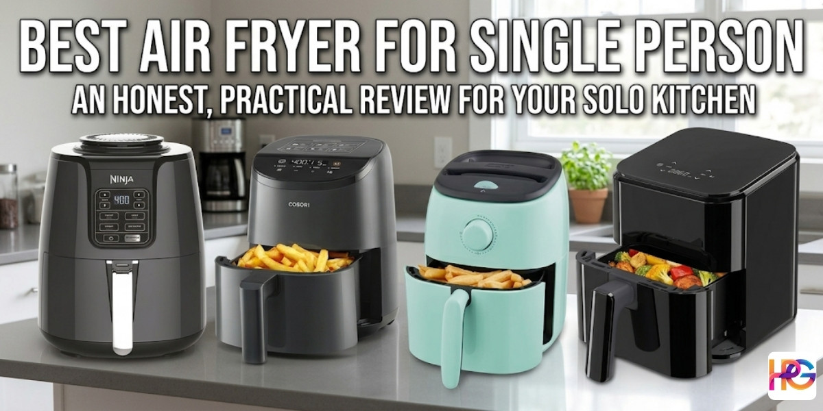 Four of the best air fryer for single person models including Ninja and Cosori on a kitchen counter with fries and veggies.