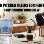 A clear water filter pitcher sits on a modern kitchen counter next to a professional pour-over coffee setup. A hand pours water from a black gooseneck kettle into a dripper resting on a mug and a digital scale. Large, bold black text in Impact font reads: "BEST WATER PITCHER FILTERS FOR PERFECT COFFEE! STOP RUINING YOUR BREW!"