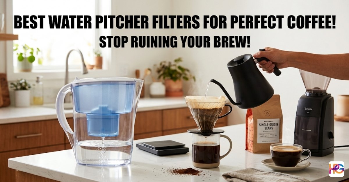 A clear water filter pitcher sits on a modern kitchen counter next to a professional pour-over coffee setup. A hand pours water from a black gooseneck kettle into a dripper resting on a mug and a digital scale. Large, bold black text in Impact font reads: "BEST WATER PITCHER FILTERS FOR PERFECT COFFEE! STOP RUINING YOUR BREW!"