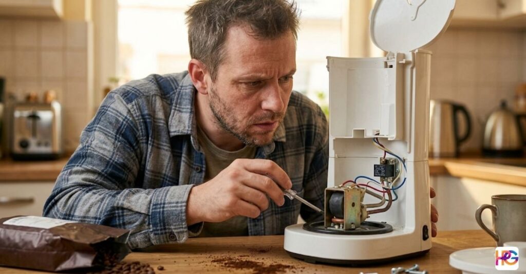 A man in a flannel shirt using a screwdriver to repair the internal parts of a disassembled white drip coffee machine on a kitchen counter.