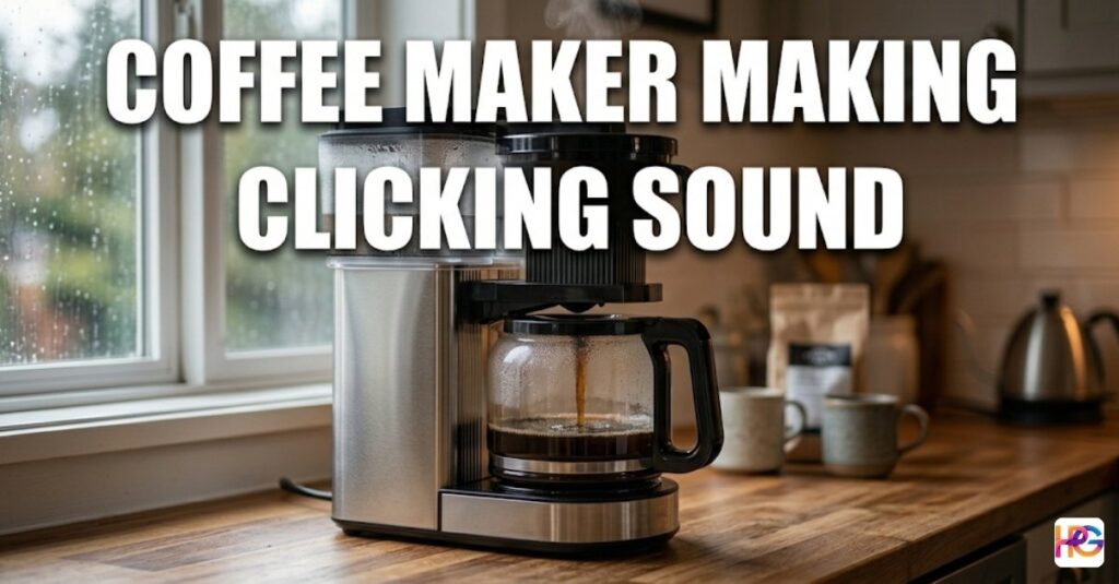 A stainless steel drip coffee maker brewing coffee on a wooden counter with the bold text coffee maker making clicking sound.