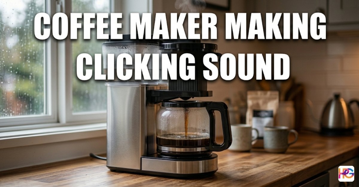 A stainless steel drip coffee maker brewing coffee on a wooden counter with the bold text coffee maker making clicking sound.