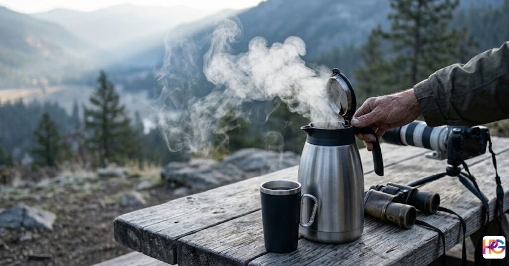 A candid outdoor photograph on a weathered wooden picnic table in a scenic mountain valley. A person's gnarled hand pours very hot coffee from a brushed stainless steel thermal carafe into a black insulated travel mug. A dense, dramatic cloud of white steam rises from the carafe, confirming intense, retained heat. The carafe sits next to a worn pair of binoculars and a camera with a large telephoto lens on a tripod. The background blurs into forested mountains under cool, diffused morning light.