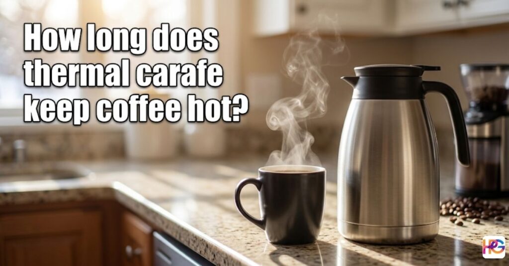 A stainless steel thermal coffee carafe next to a steaming mug of black coffee on a sunlit kitchen counter.