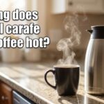 A stainless steel thermal coffee carafe next to a steaming mug of black coffee on a sunlit kitchen counter.