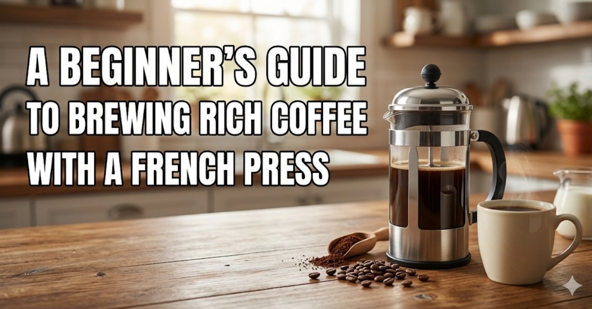A stainless steel and glass French press filled with dark coffee sits on a wooden table next to a white mug and scattered coffee beans. Large white text reads: A BEGINNER'S GUIDE TO BREWING RICH COFFEE WITH A FRENCH PRESS.